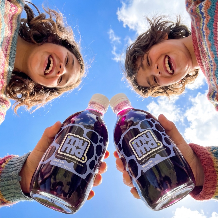 Dos niños brindando con botellas de muma bajo el cielo