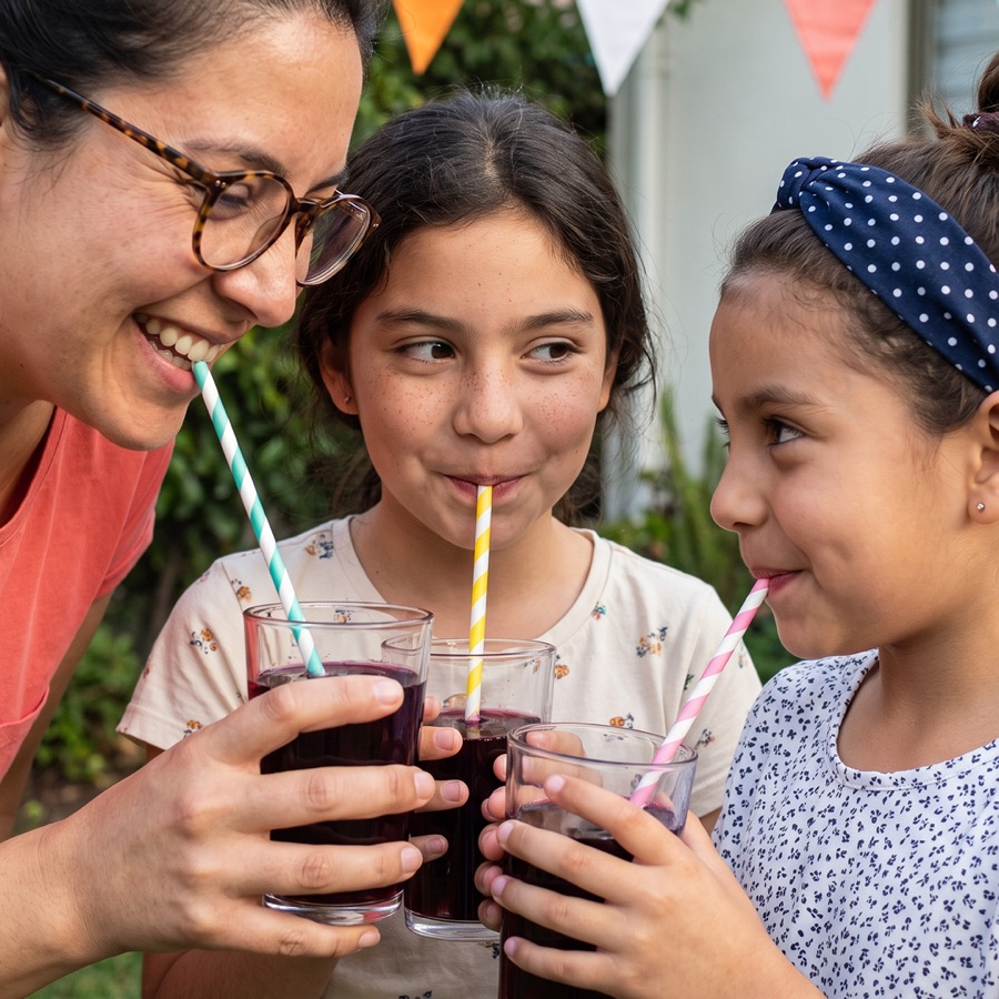 Mamá e hijas tomando jugo muma en un cumpleaños