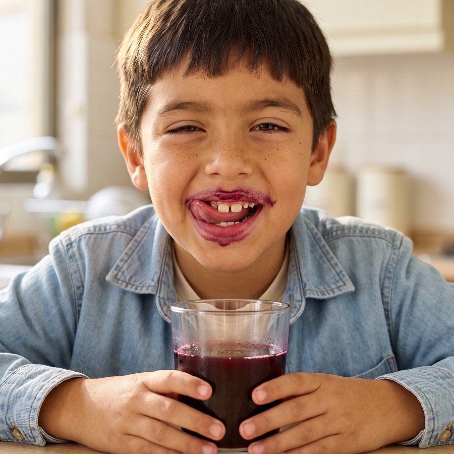 Niño sonriendo con bigote de jugo muma en la cocina